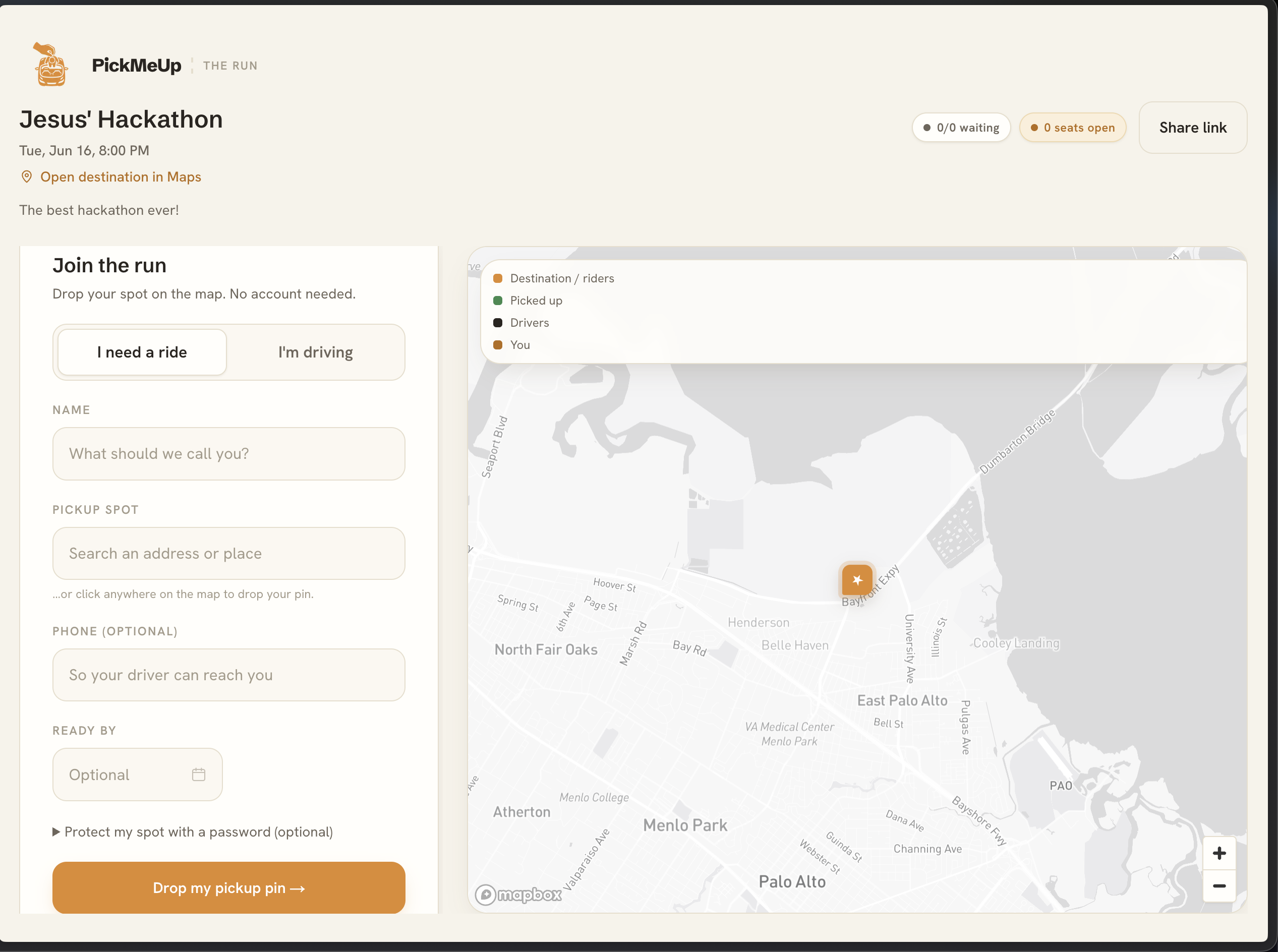 open the link, pick ride or drive, and drop a pin — no account needed